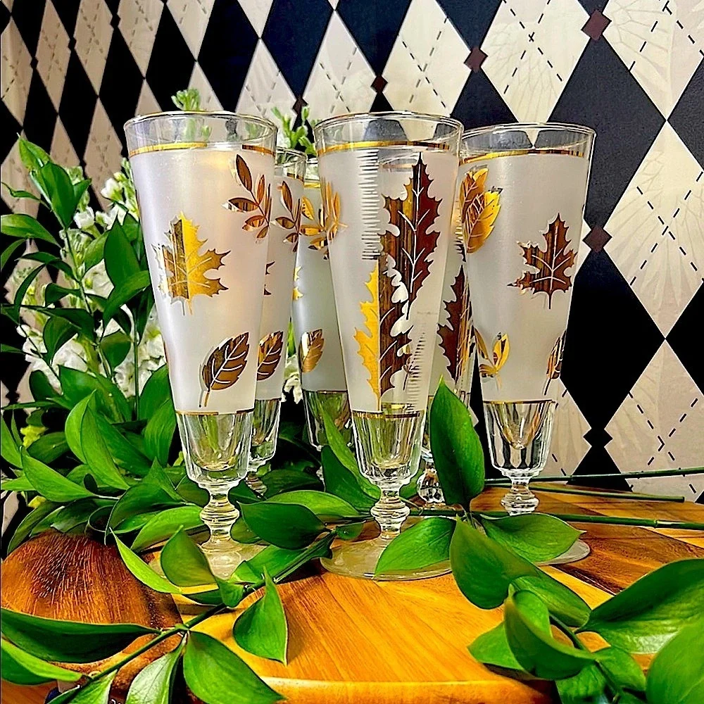 Vintage Libbey 22k Gold Maple Foliage Pilsner Glasses Set of 6| Mid Century Bar - Picture 15 of 17